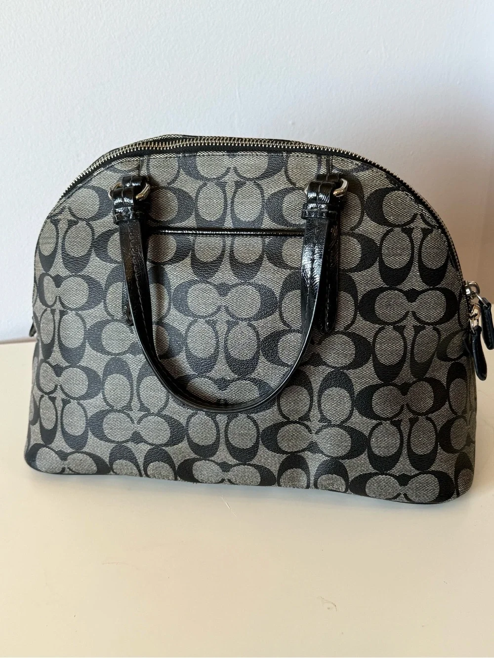 Coach Peyton Black and Tan Signature Satchel with strap